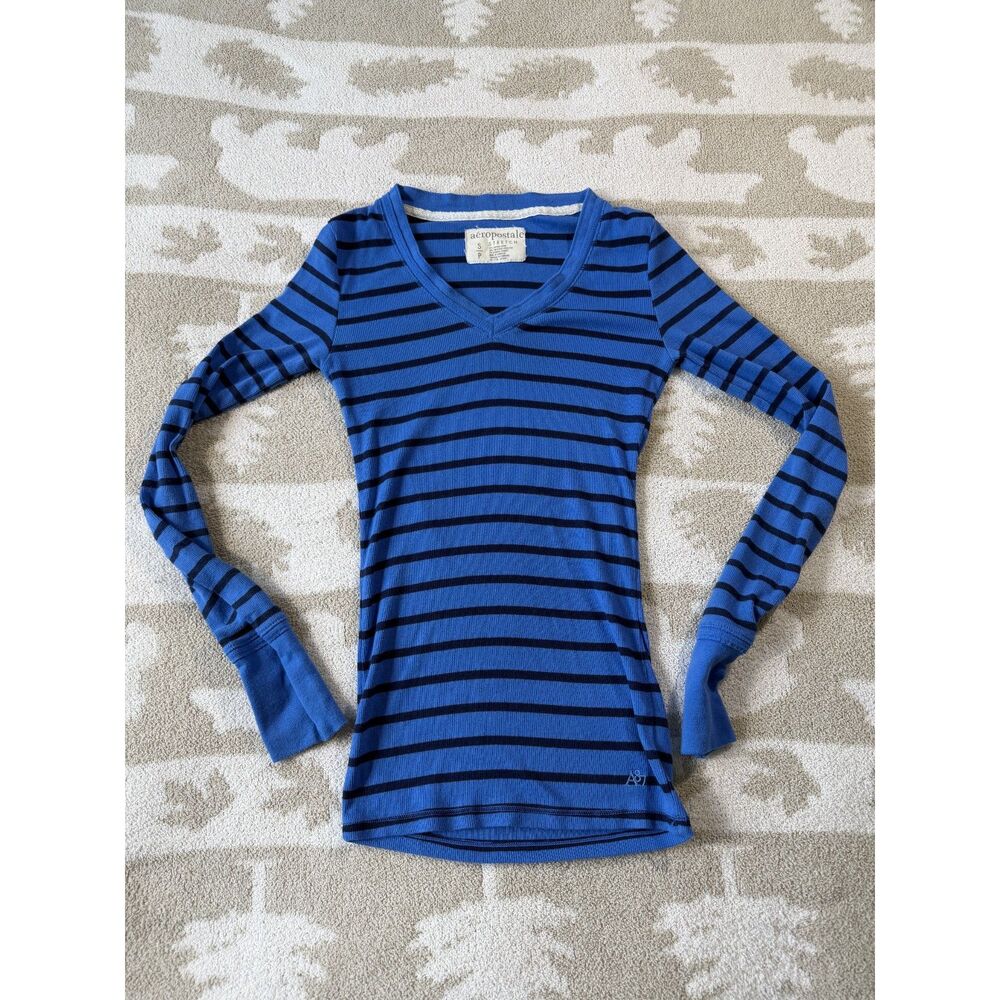Y2K Vintage Aeropostale Blue Striped Stretch Long Sleeve Top Size Small